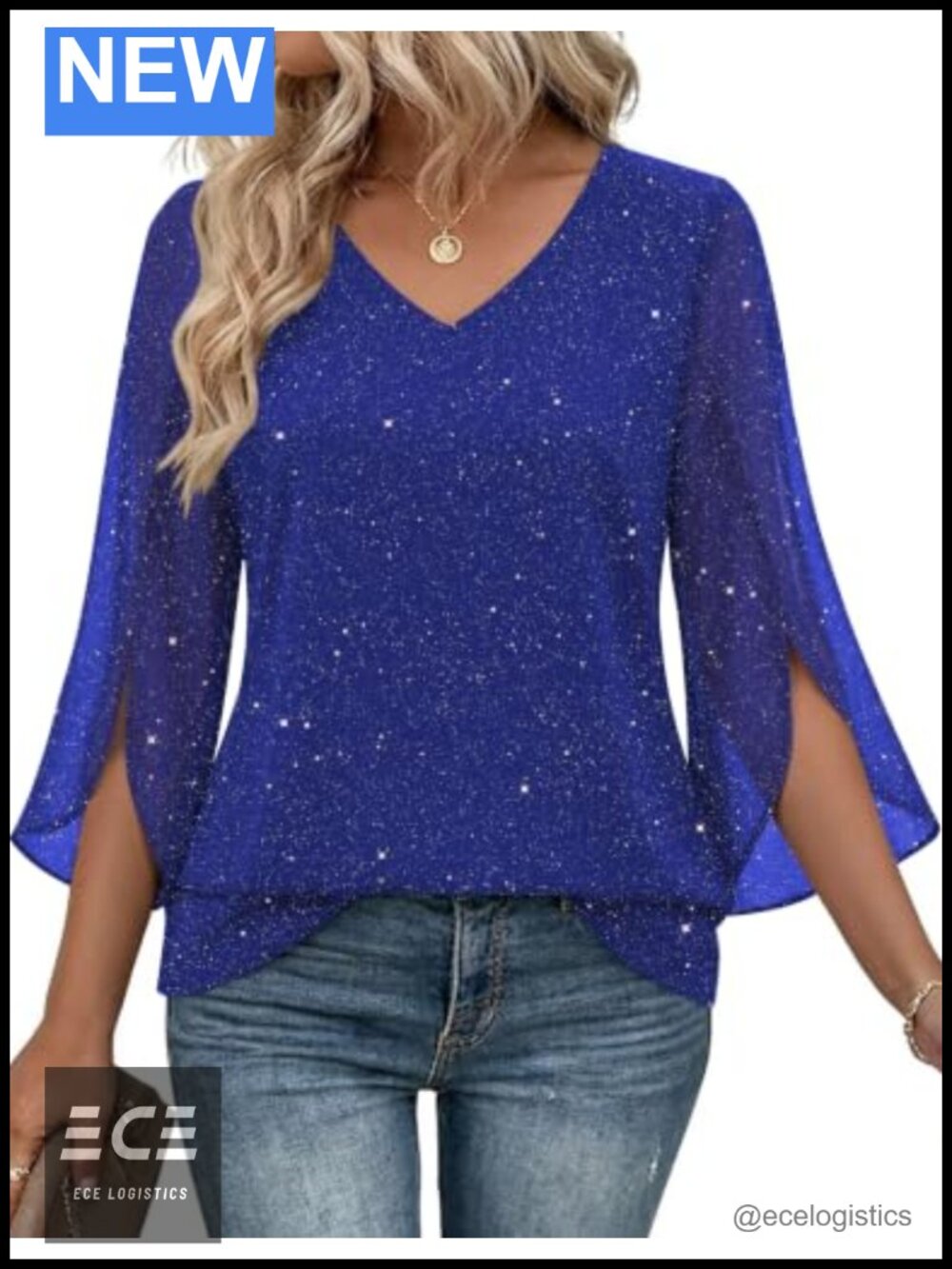 Womens Ruffle 3/4 Sleeve Sequin Blouse V Neck Double Layer Tunic